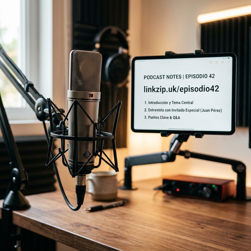 Studio microphone and iPad showing clean podcast URLs